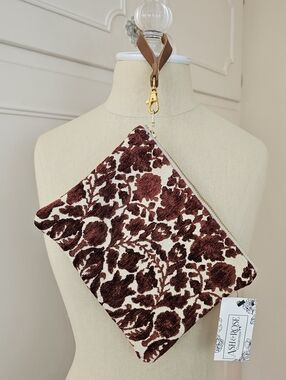 Floral Zip Pouch Purse Makeup Travel Clutch Wristlet in Burgundy and Cream